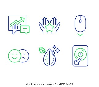 Scroll down, Ranking and Accounting line icons set. Like, Dirty water and Hdd signs. Mouse swipe, Hold star, Supply and demand. Social media dislike. Technology set. Vector