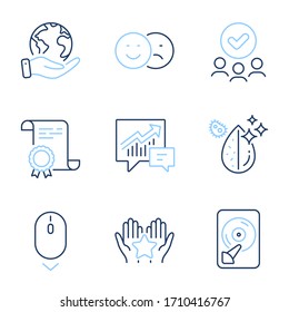 Scroll down, Ranking and Accounting line icons set. Diploma certificate, save planet, group of people. Like, Dirty water and Hdd signs. Mouse swipe, Hold star, Supply and demand. Vector