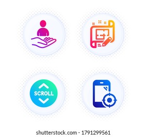 Desplazarse hacia abajo, los iconos de reclutamiento y de arquitecto del plan simple conjunto. Botón con puntos de semitono. Señal de teléfono Seo. Flecha de baño, Hr, plan de ingeniería. Optimización del smartphone. Conjunto de tecnología. Vector