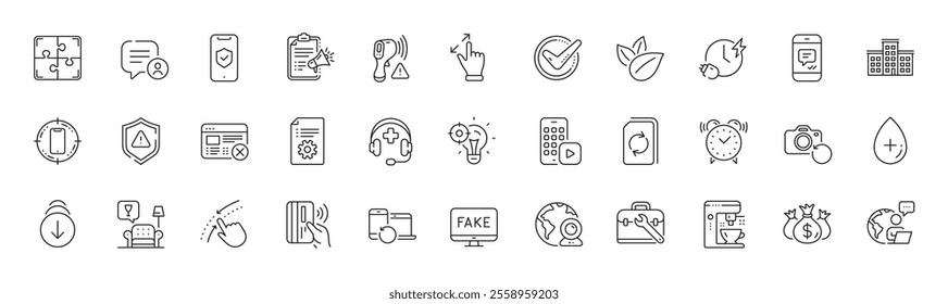 Scroll down, Reject web and Puzzle line icons. Pack of Swipe up, Recovery photo, Phone app icon. Recovery devices, Touchscreen gesture, Update document pictogram. Tool case. Line icons. Vector