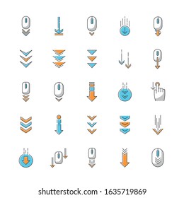 Scroll down RGB color icons set. Internet page browsing and download indicators. Downward arrows. Website pointer. Web cursor. PC mouse with arrowheads. Isolated vector illustrations