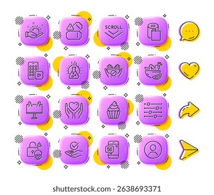 Scroll down, Salad and Paper wallpaper line icons. App 3d buttons. Social media comment, share, like icons. Pack of Medical tablet, Phone app, Hold heart icon. Vector