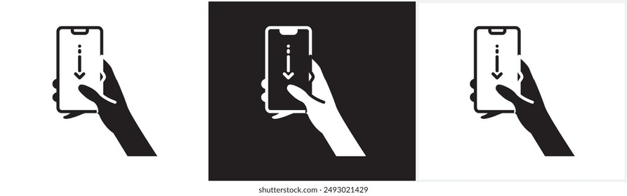 Scroll down screen icon, flat icon of finger touching phone screen and phone scrolling, finger gesture icon scrolling smart phone screen, tapping screen icon vector in black, white and transparent.