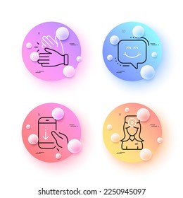 Scroll down, Smile chat and Oculist doctor minimal line icons. 3d spheres or balls buttons. Clapping hands icons. For web, application, printing. Swipe phone, Happy face, Optometrist. Clap. Vector