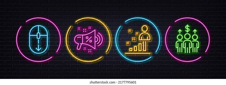 Scroll down, Stats and Sale megaphone minimal line icons. Neon laser 3d lights. Meeting icons. For web, application, printing. Mouse swipe, Business analysis, Shopping. Business collaboration. Vector