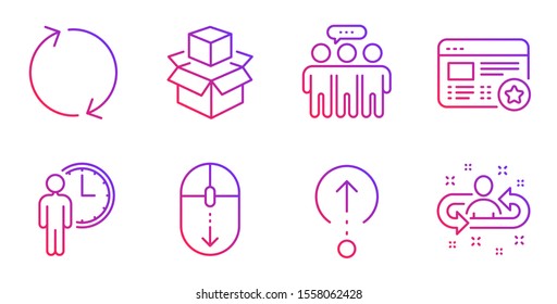 Scroll down, Swipe up and Employees group line icons set. Waiting, Refresh and Packing boxes signs. Favorite, Recruitment symbols. Mouse swipe, Scrolling page. Technology set. Vector