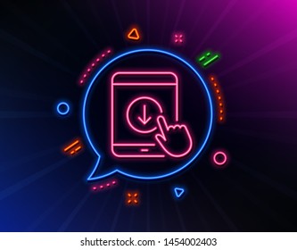 Scroll down tablet pc line icon. Neon laser lights. Scrolling screen sign. Swipe page. Glow laser speech bubble. Neon lights chat bubble. Banner badge with scroll down icon. Vector