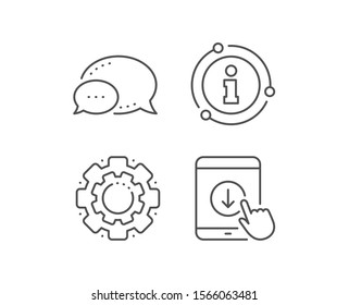 Scroll down tablet pc line icon. Chat bubble, info sign elements. Scrolling screen sign. Swipe page. Linear scroll down outline icon. Information bubble. Vector