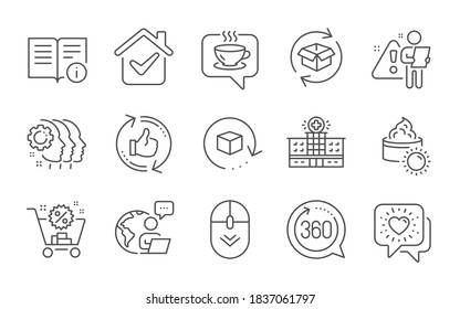 Scroll down, Technical info and Return package line icons set. Coffee, Shopping cart and Hospital building signs. Return parcel, Employees teamwork and Friends chat symbols. Line icons set. Vector