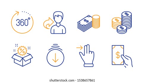 Scroll down, Touchscreen gesture and 360 degrees line icons set. Share, Coins and Savings signs. Sale, Receive money symbols. Swipe screen, Slide right. Business set. Line scroll down icon. Vector