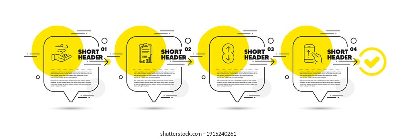 Scroll down, Wind energy and Checklist line icons set. Timeline infograph speech bubble. Swipe up sign. Swipe arrow, Breeze power, Graph report. Scrolling screen. Business set. Vector