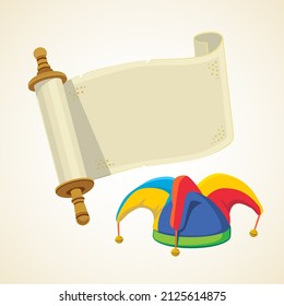 The Scroll of Esther and jester's hat. The Megillah (Book of Esther) with copy space. Concept for the Jewish holiday Purim