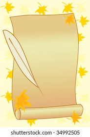 Scroll with feather on autumnal background. Vector illustration.