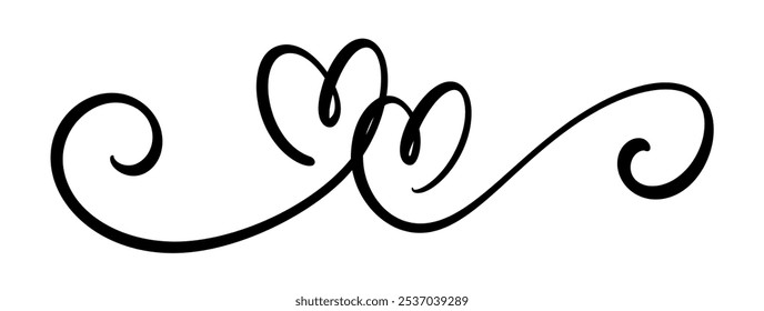 Scroll flourish of duo hearts in  calligraphic style isolated on white background.