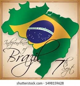 Scroll with frame, Brazil's map and patriotic flag inside of it to celebrate Brazilian Independence Day this 7th September.