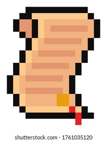 Scroll game pixelated icon vector illustration design. Pixel paper roll, papyrus for retro game attribute. Open old paper scroll with torn edges pixel icon. Isolated vector sign on white background