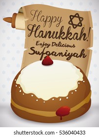 Scroll with greeting message and a delicious sufganiyah in commemorative poster of Hanukkah holidays.