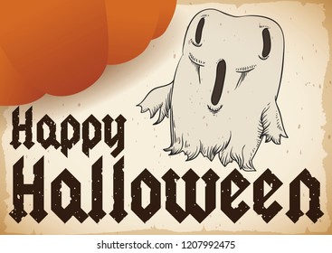 Scroll with greeting and surprised ghost draw for Halloween celebration and a giant size pumpkin.