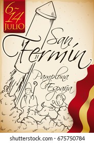 Scroll with hand drawn design of a rocket for "Chupinazo" event, bulls running, saint procession, big-head parade figures and Spain flag to celebrate Festival of an Fermin (texts in Spanish).