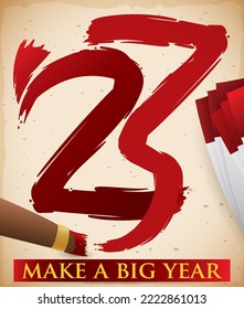 Scroll with handwritten number 23 in red color with a paint brush, loose-leaf papers and label wishing you a big New Year.
