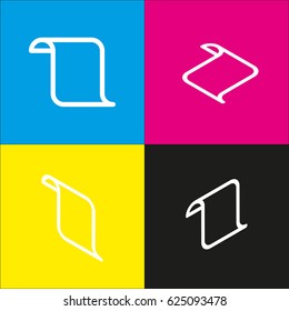 Scroll icon illustration. Vector. White icon with isometric projections on cyan, magenta, yellow and black backgrounds.