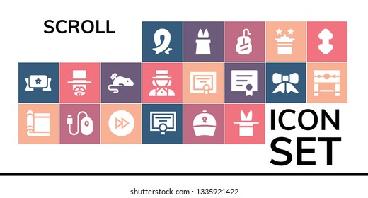 scroll icon set. 19 filled scroll icons.  Collection Of - Ribbon, Banner, Carpet, Mouse, Forwards, Diploma, Magic, Magician, Pillory, Scroll