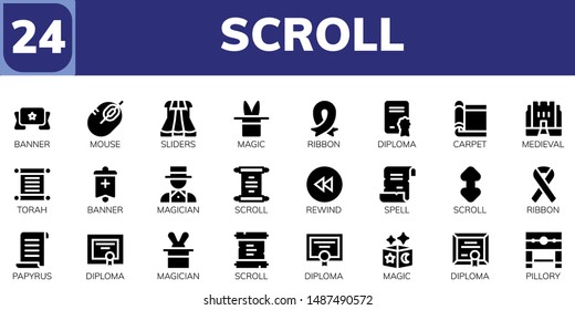 scroll icon set. 24 filled scroll icons.  Collection Of - Banner, Mouse, Sliders, Magic, Ribbon, Diploma, Carpet, Medieval, Torah, Magician, Scroll, Rewind, Spell, Papyrus, Pillory