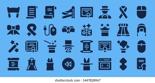 scroll icon set. 32 filled scroll icons. on blue background style Simple modern icons about  - Banner, Ribbon, Magic, Scroll, Papyrus, Diploma, Slider, Spell, Mouse, Magician