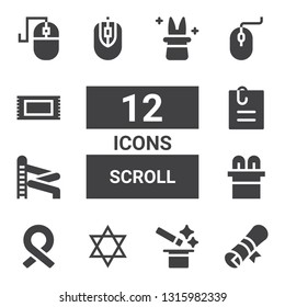 scroll icon set. Collection of 12 filled scroll icons included Diploma, Magic, Judaism, Ribbon, Slider, Attached file, Computer mouse, Rug, Magician