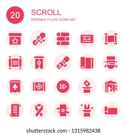 scroll icon set. Collection of 20 filled scroll icons included Magic, Diploma, Slider, Scroll, Banner, Yoga mat, Magician, Carpet, Fast forward, Papyrus, Ribbon