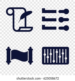 Scroll icons set. set of 4 scroll filled icons such as feather and paper, slider