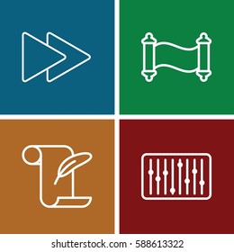 scroll icons set. Set of 4 scroll outline icons such as feather and paper, fast forward, slider