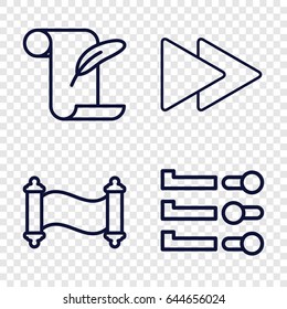 Scroll icons set. set of 4 scroll outline icons such as feather and paper, fast forward, manuscript