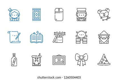 scroll icons set. Collection of scroll with wizard, ribbon, diploma, carpet, message in a bottle, magic, spellbook, parchment, mouse, magician. Editable and scalable scroll icons.