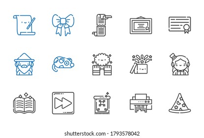 scroll icons set. Collection of scroll with wizard, shredder, carpet, fast forward, spellbook, magician, magic, mouse, diploma, ribbon, parchment. Editable and scalable scroll icons.