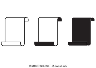 Scroll icons set. Rolled paper symbols. Black and white vector. Ancient document shapes.