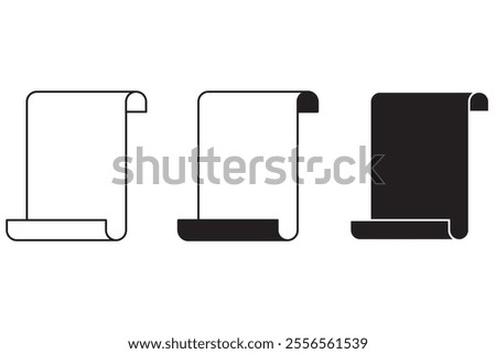 Scroll icons set. Rolled paper symbols. Black and white vector. Ancient document shapes.