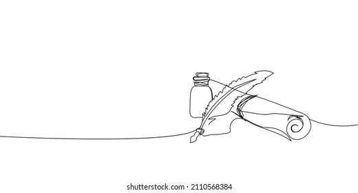 Scroll with inkwell and feather continuous line drawing. One line art of love letter, papyrus, antique, romance, classic, retro, correspondence, news.