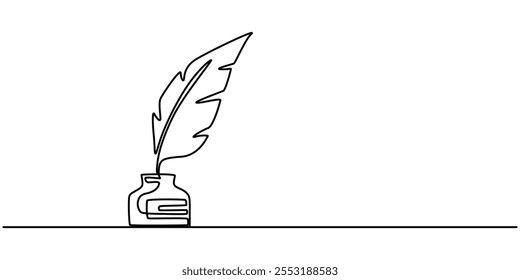 Scroll with inkwell and feather continuous line drawing. One line art of love letter, papyrus, antique, romance, classic, retro, correspondence, news, Inkwell and pen continuous line drawing. One line