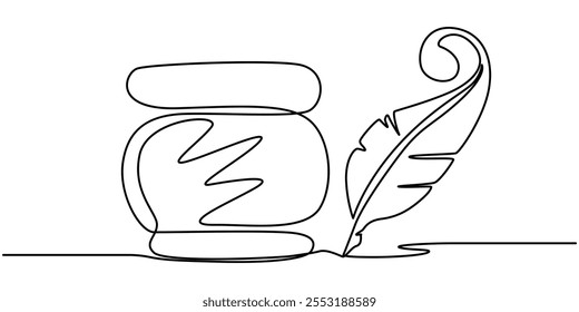 Scroll with inkwell and feather continuous line drawing. One line art of love letter, papyrus, antique, romance, classic, retro, correspondence, news, Inkwell and pen continuous line drawing. One line