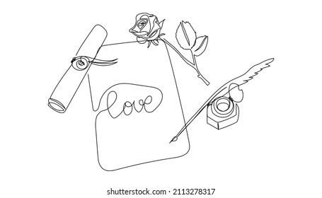 Scroll With Inkwell, Feather, Rose Continuous Line Drawing. One Line Art Of Letter, Candlestick, Romantic, 14 February, Heart, Relationships, Letter, Love.