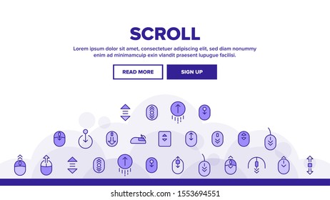 Scroll Landing Web Page Header Banner Template Vector. Computer Mouse Device And Web Site Page Up And Down Scroll Linear Pictograms. Interface Illustration