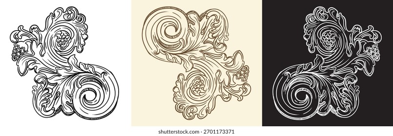 Scroll leaf of grape twisted retro design element. Vintage scroll engraved decorative ornament with leaves. Isolated vector illustration. Old fashioned vignette ornament. For decoration, print, design