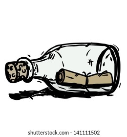 scroll letter in closed glass bottle with wooden cork / cartoon vector and illustration, hand drawn style, isolated on white background.