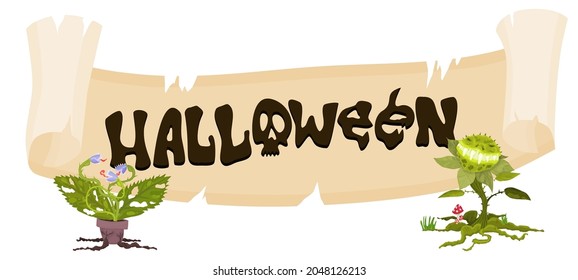 Scroll and lettering halloween for fall holiday. vector flat style