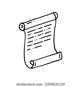 A scroll is a long sheet of writing material rolled into a roll. Papyrus, parchment, ancient manuscript. Doodle. Hand drawn. Vector illustration. Outline.