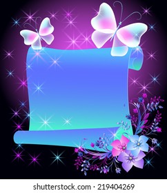 Scroll magic parchment with flowers and fabulous butterflies