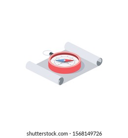 Scroll map compass. Vector 3d isometric, color web icon, new flat style. Creative illustration design, idea for infographics.