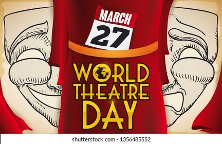 Scroll with masks draw: one with the comedy face and the other one with tragedy gesture and a red curtain with reminder to celebrate World Theatre Day this 27 March.