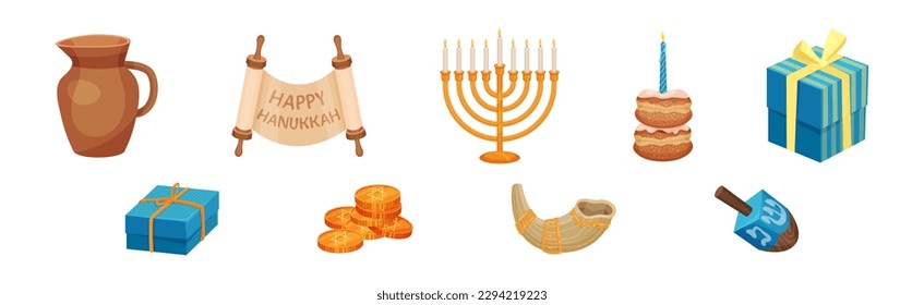 Desplazamiento, Menorah, pastelería, caja de regalo, cuerno, monedas y Dreidel como símbolos de Hanukkah para la celebración de festividades judías conjunto de vectores